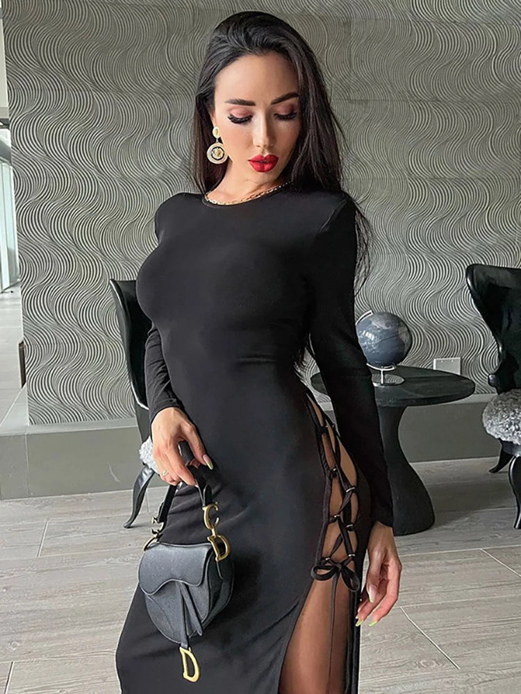 Bandage Dress Women Autumn: Long Sleeve O-Neck Sexy Split Maxi Dress Elegant Lace-Up Maxi Dress