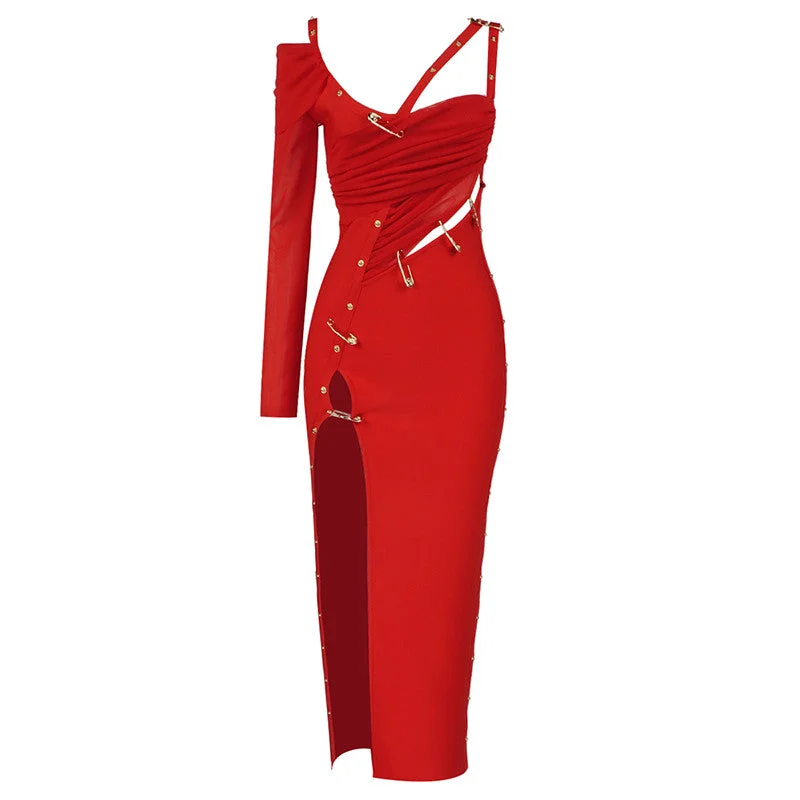 C2435 Hot Selling Red One Shoulder Cutout Slit Stylish Long Maxi Dress Women Clothing ladies maxi dresses Stylish Empire Waist Maxi Dress