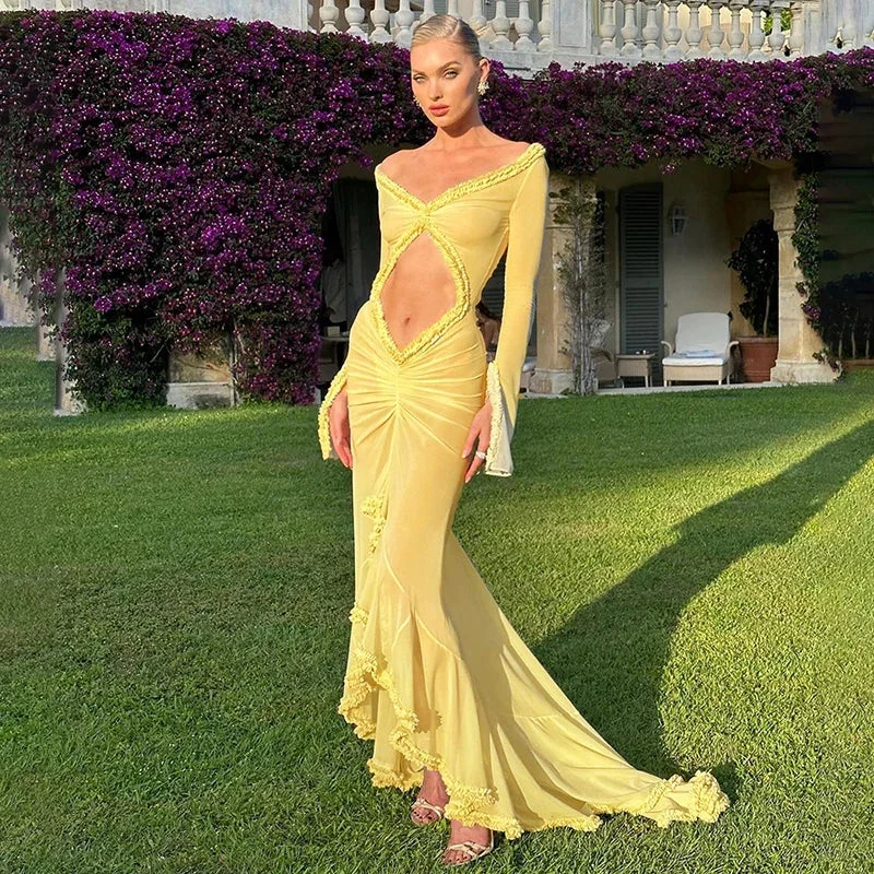 Spring Color Mesh See Through Low Cut Sexy Floor Tassel Long Sleeve Evening Maxi Dress Trendy Satin Maxi Dress