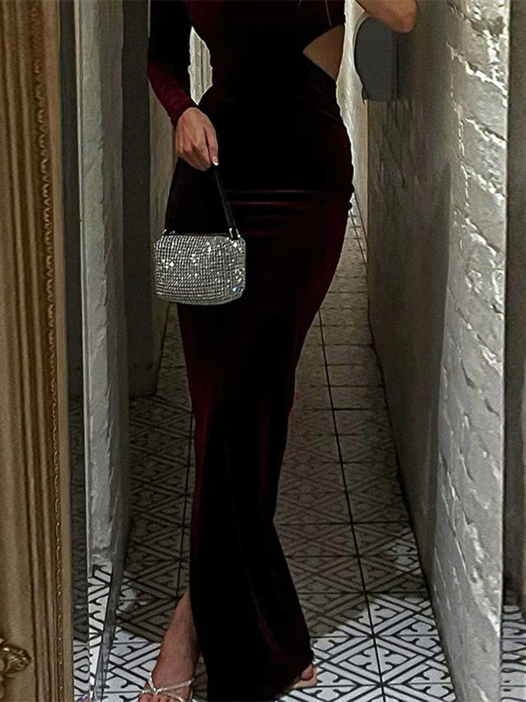 Long Sleeve One Shoulder Velvet Cut Out Side Slit Party Elegant Evening 2024 Maxi Dress Women Stylish V-Neck Maxi Dress