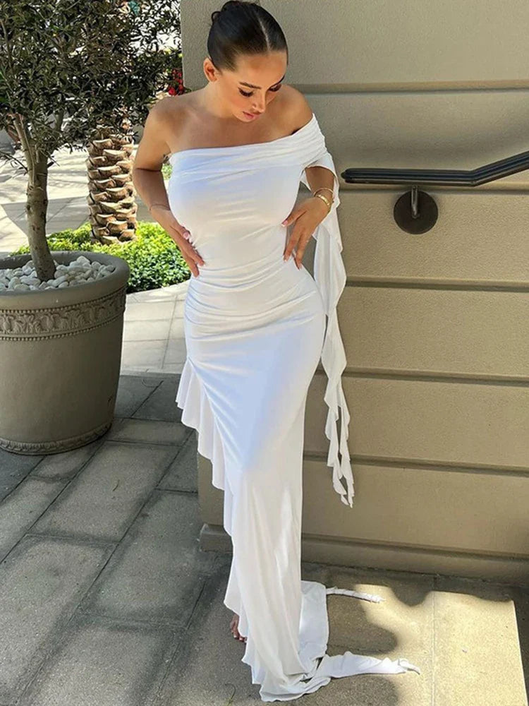 One Shoulder Ruffle Party Evening Birthday Elegant Outfits 2024 Summer Maxi Dress Elegant Maxi Dress with Slit