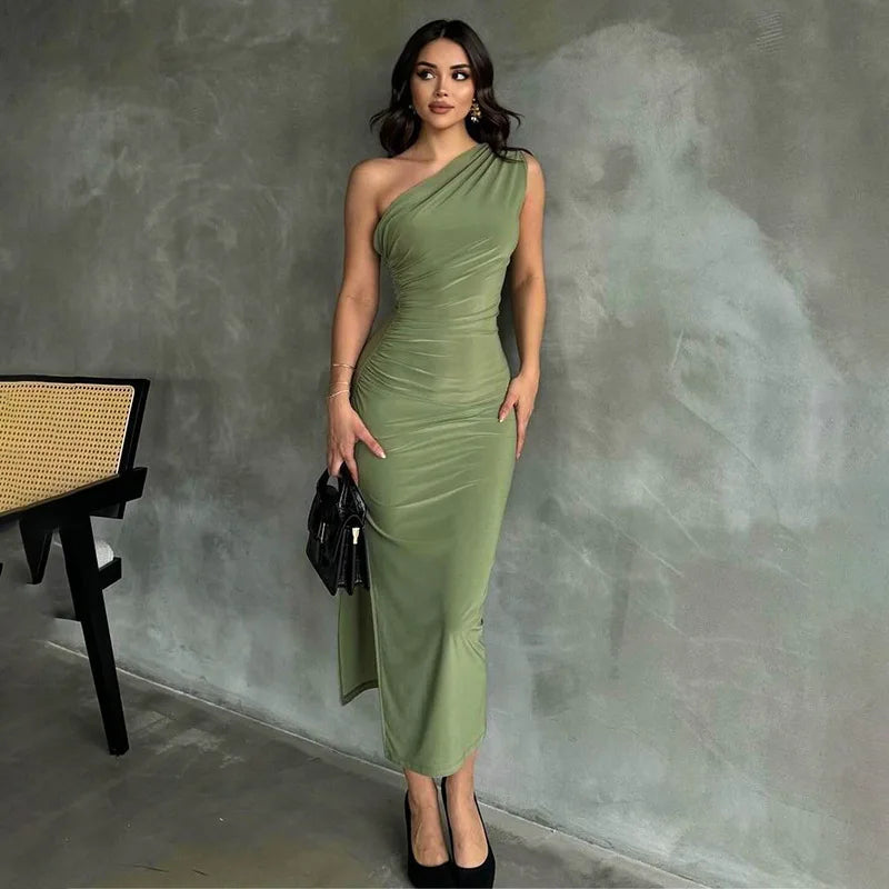 One Shoulder Summer Elegant Sexy Sleeveless Ruched Charming Stylish Maxi Dress Elegant Tiered Maxi Dress