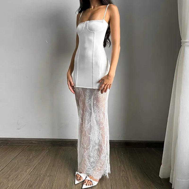 White Lace Patchwork Summer Sexy Sleeveless Slim Charming Stylish Maxi Dress Trendy V-Neck Maxi Dress