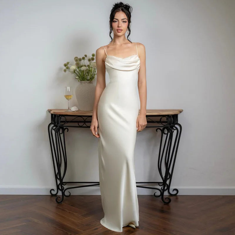 White Satin Sexy Spaghetti Straps Backless Fashionable V-neck Stylish Maxi Dress Elegant Maxi Dress with Ruffles