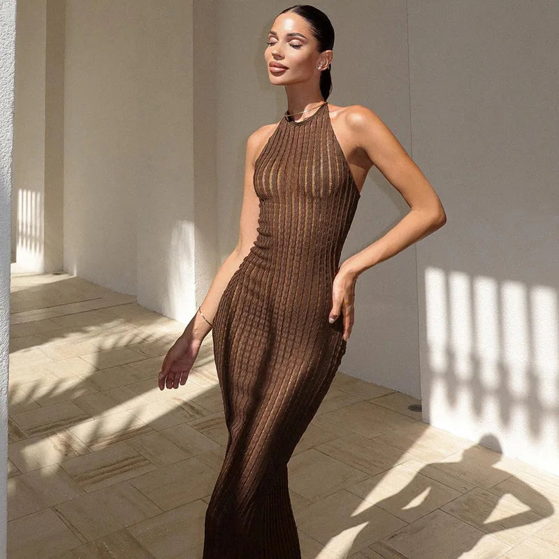 Knitted Hollow Out Sheer Backless Slim Beach Halter Neck Stylish Maxi Dress Fashionable Button-Down Maxi Dress