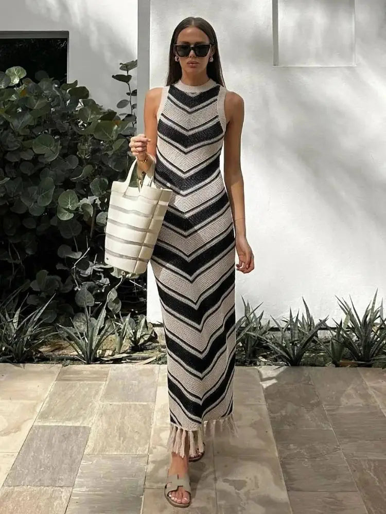 Summer Knitted Tassel Striped Bohemian Stylish Maxi Dress Comfortable Long-Sleeve Maxi Dress