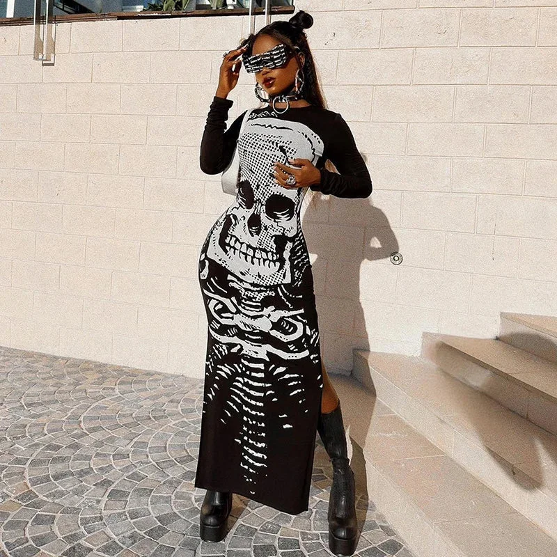 Gothic Skull Bones Skeleton Print O Neck Long Sleeve Split Casual Autumn Streetwear Maxi Dress Cozy Maxi Dress with Slit