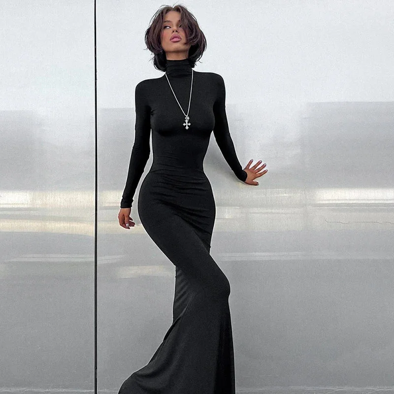 Simple High Collar Long Sleeve Basic Fishtail Prom Occasion Slim Streetwear Black Maxi Dress For Autumn Stylish Long Sleeve Maxi Dress