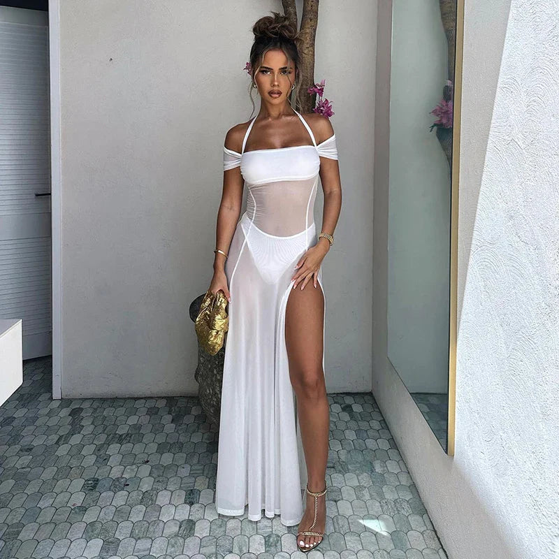 Summer New Style Halter Neck Mesh See Through High Slit Party Beach Club Clothing Long Women's Maxi Dress Trendy Short Sleeve Maxi Dress