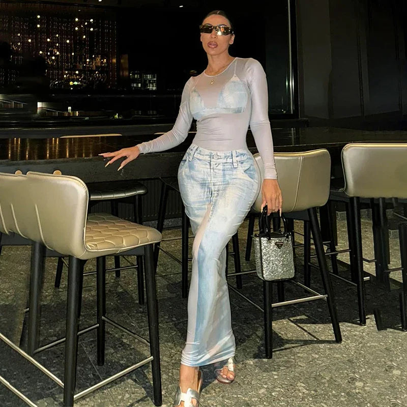 Blue Jeans Round Neck Long Sleeve Daily Fashion Sexy Casual Streetwear Autumn Maxi Dress Elegant Wraparound Maxi Dress