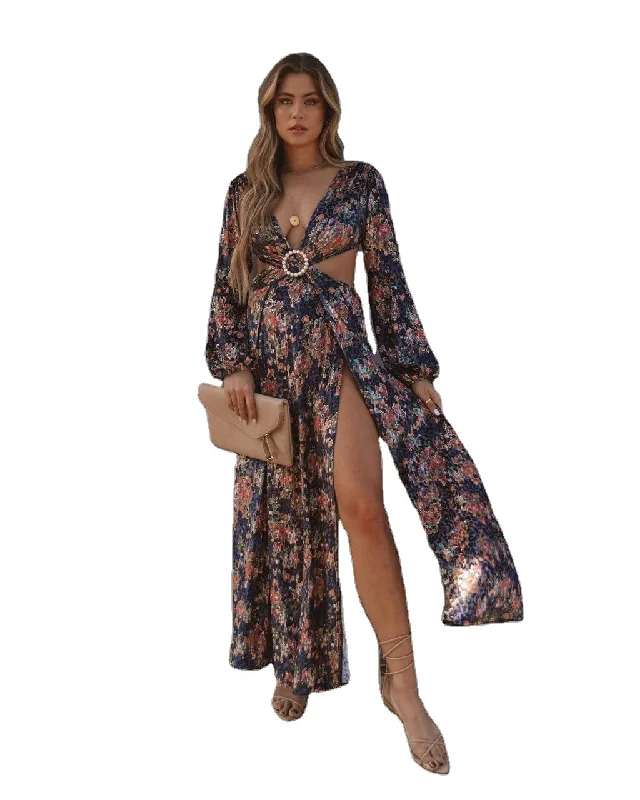 D0410TA56 Vacation Style Sexy V-neck Floral Print Slit Maxi Dress Women Sehe Fashion Comfortable Pleated Maxi Dress