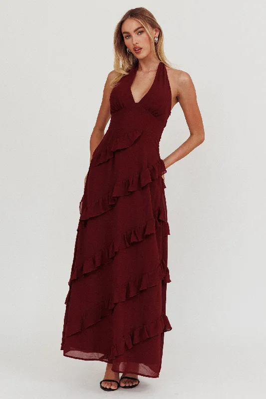 Flirt Frill Trim Halter Maxi Dress Wine Comfortable Fitted Maxi Dress