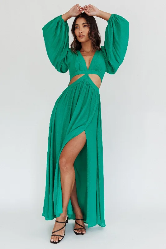 Jessalynn Cut-Out Long Sleeve Maxi Dress Green Fashionable Off-Shoulder Maxi Dress