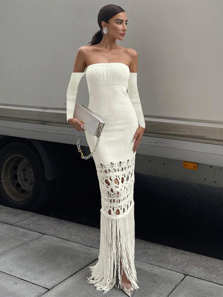 Knitted Tassel Maxi Dresses Women Hollow Out Off Shoulder Maxi Dress Stylish Long Sleeve Maxi Dress Knitted Tassel Maxi Dresses Women Hollow Out Off Shoulder Maxi Dress Stylish Long Sleeve Maxi Dress