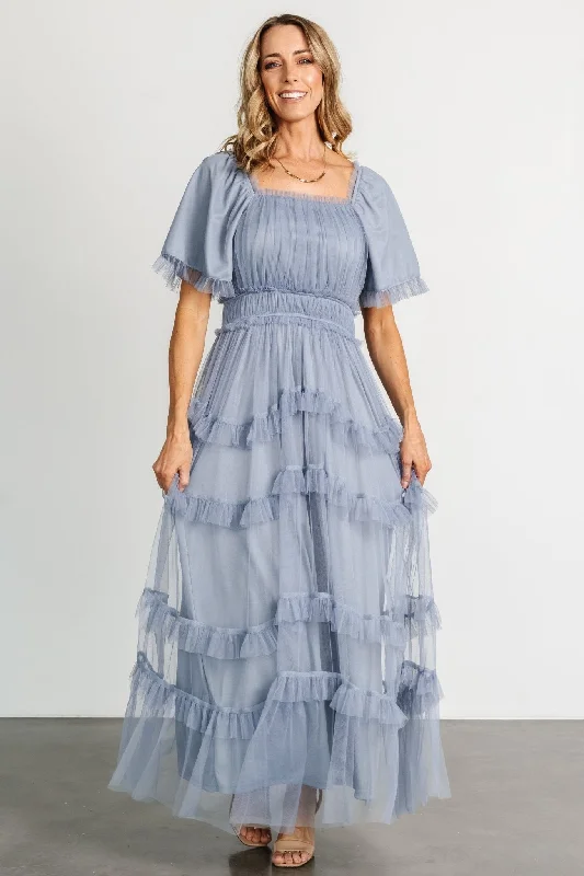 Magdalena Tulle Maxi Dress | Dusty Blue Comfortable Long-Sleeve Maxi Dress