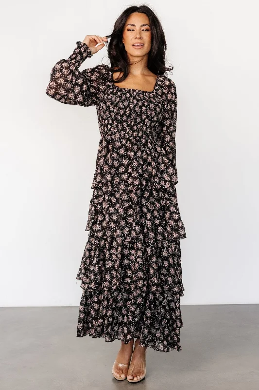 Miranda Tiered Maxi Dress | Black Floral Fashionable Halter Neck Maxi Dress