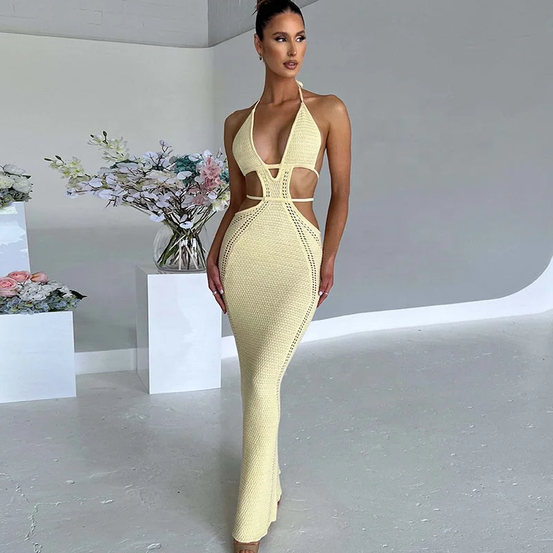 OUDINA Hot Selling Street Summer Fashion Clothing Hanging Neck Hollow Maxi Dress For Women Ladies Dresses Chic Summer Maxi Dress