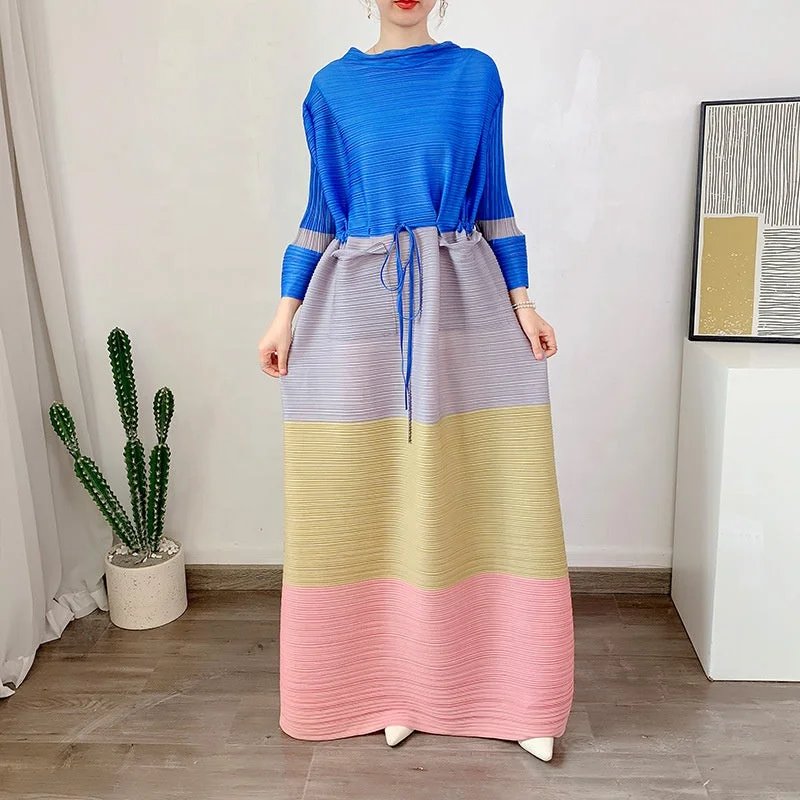 OUDINA New Fashion Pleated Plus Size Oversized Long Sleeve Maxi Dress Women Muslim Casual Women's Dresses Comfortable Maxi Dress with Slits