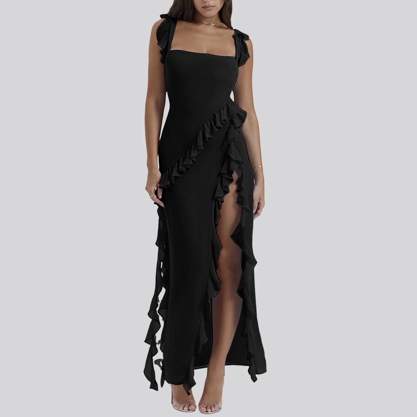 FashionSierra - Ruffles Chiffon Maxi Dress For Women 2024 Backless Split Sexy Black Long Wedding Party Elegant Luxury Chic Female Comfortable Maxi Dress with Sleeves