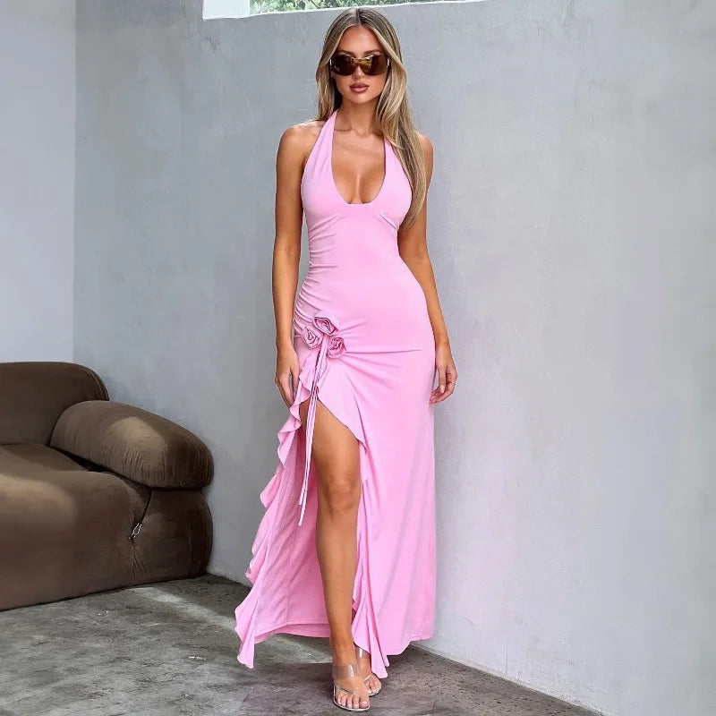 Sexy Deep V Neck Halter Neck Floral Applique Maxi Dress Women Ruffle Split Maxi Dress Comfortable Bohemian Maxi Dress