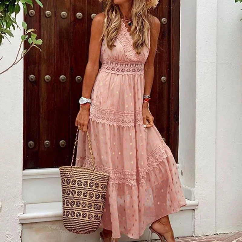 Starlit Peplum Lace Maxi Dress - Peach Stylish Pleated A-Line Maxi Dress