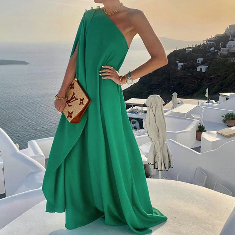 Strike A Pose One Shoulder Statement Maxi Dress - Emerald Cozy Open-Back Maxi Dress