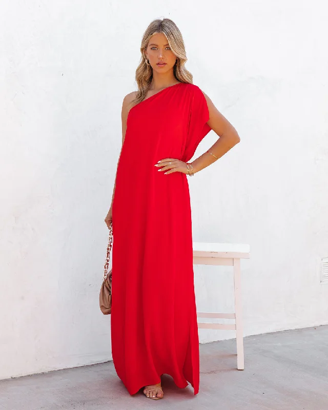 Strike A Pose One Shoulder Statement Maxi Dress - Tomato Red Cozy Cold-Shoulder Maxi Dress