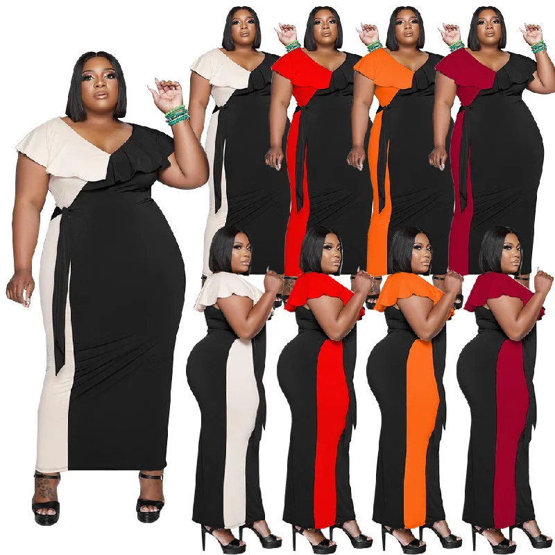 Trendy Plus Size Women Clothing 2022 Color Blocking Ruffles Maxi Dresses Women Trendy Maxi Dress with Belt