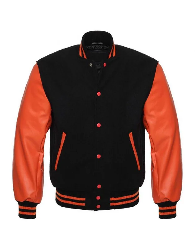 Black Varsity Jacket Womens with Orange Leather Sleeves Tailored Jacket Straight Jacket A-Line Jacket Black Varsity Jacket Womens with Orange Leather Sleeves Tailored Jacket Straight Jacket A-Line Jacket