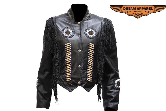 Women Leather Jacket with Beads Nylon Fabric Polyester Fabric Spandex Fabric