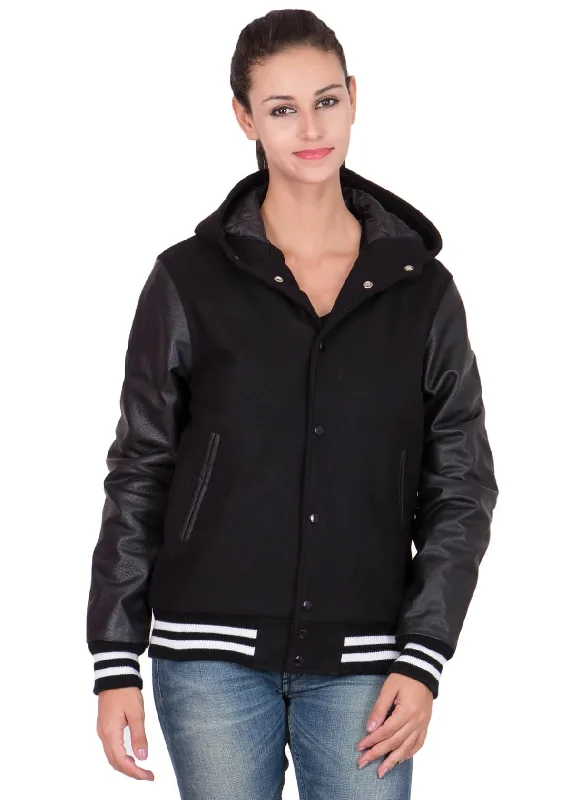 Womens Black Hood Varsity Jacket With Leather Sleeves Fleece Jacket Down Jacket Parka Womens Black Hood Varsity Jacket With Leather Sleeves Fleece Jacket Down Jacket Parka