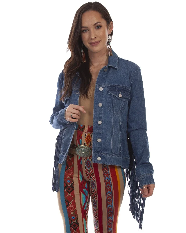 Women's Classic Fringe Denim Jacket Hooded Jacket Caped Jacket Shawl Collar Jacket