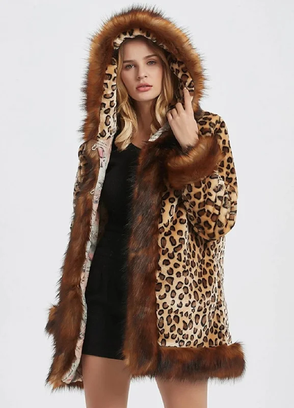 Womens Leopard Print Hooded Faux Fur Collar Jacket Cotton Fabric Linen Fabric Terry Fabric