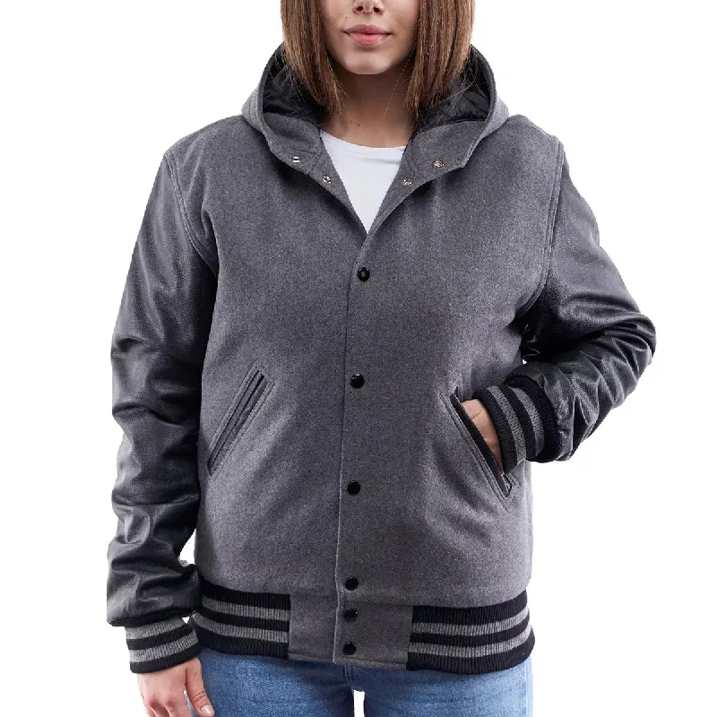 Womens Light Oxford Wool Body & Black Sleeves Hoodie Letterman Jacket Collared Jacket Crew Neck Jacket Turtle Neck Jacket Womens Light Oxford Wool Body & Black Sleeves Hoodie Letterman Jacket Collared Jacket Crew Neck Jacket Turtle Neck Jacket