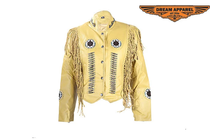 Women's Mustard Yellow Leather Jacket With Beads, Studs, Bone & Fringe Wool Jacket Cashmere Jacket Tweed Jacket