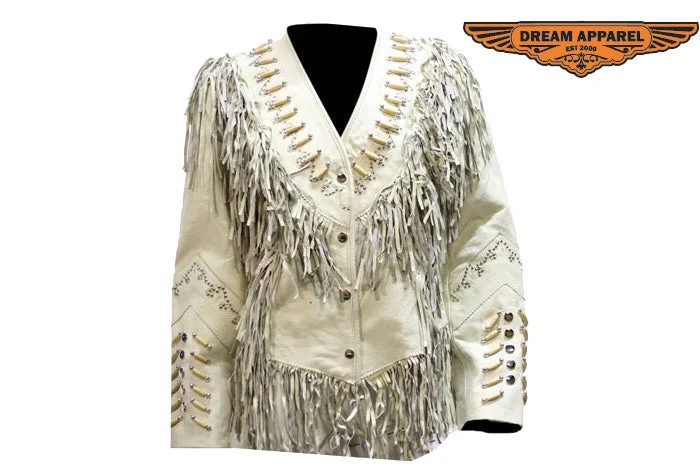 Womens Off White Leather Jacket With Beads, Studs, Bone & Fringe With Snaps Cotton Fabric Linen Fabric Terry Fabric