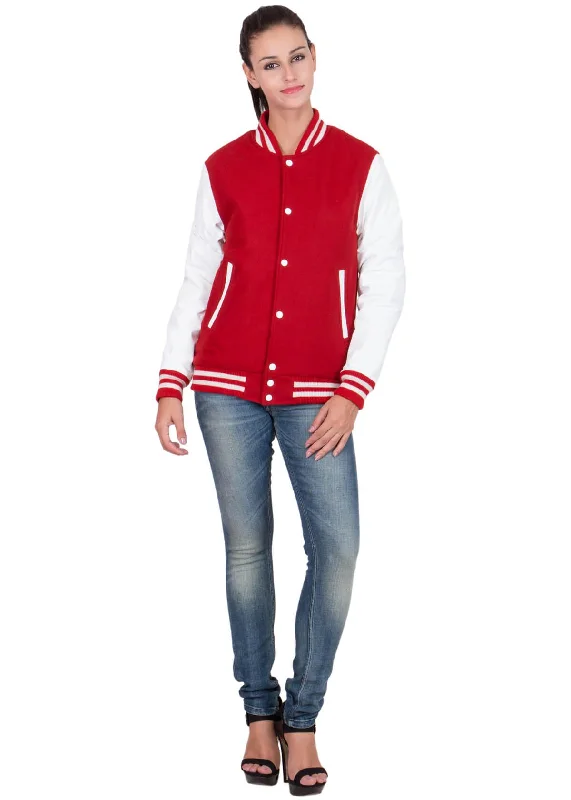 Womens Scarlet Red Varsity Jacket with White Leather Sleeves Zippered Jacket Buttoned Jacket Snapped Jacket Womens Scarlet Red Varsity Jacket with White Leather Sleeves Zippered Jacket Buttoned Jacket Snapped Jacket