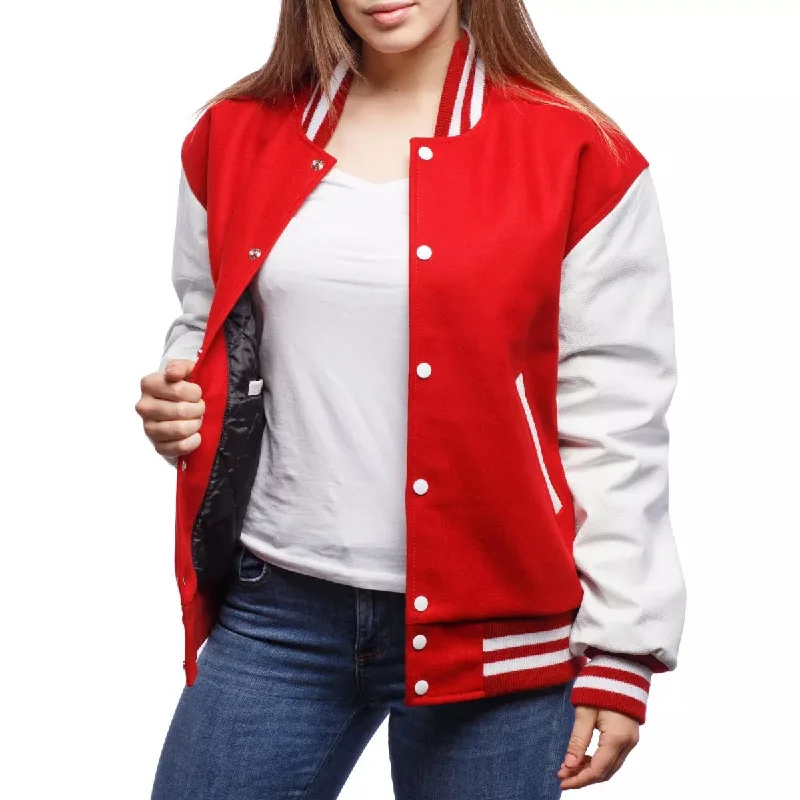 Womens Scarlet Wool Body & Bright White Leather Sleeves Letterman Jacket Knit Fabric Woven Fabric Fleece Fabric Womens Scarlet Wool Body & Bright White Leather Sleeves Letterman Jacket Knit Fabric Woven Fabric Fleece Fabric