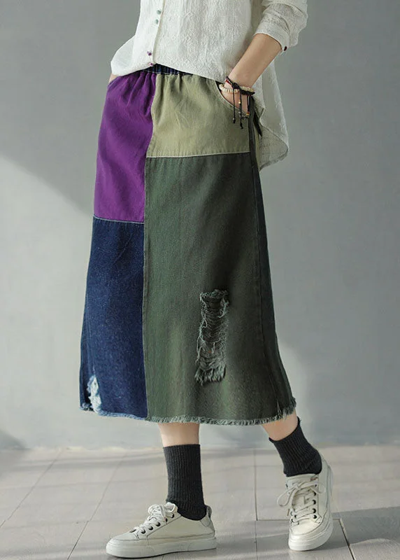 Bohemian Colorblock Elastic Waist Pockets Patchwork Hole Cotton Denim Skirts Fall high slit skirt