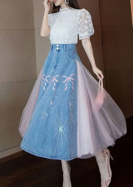 Boutique Blue Wrinkled Tulle Patchwork Embroideried Denim Skirts Summer silk skirt luxurious