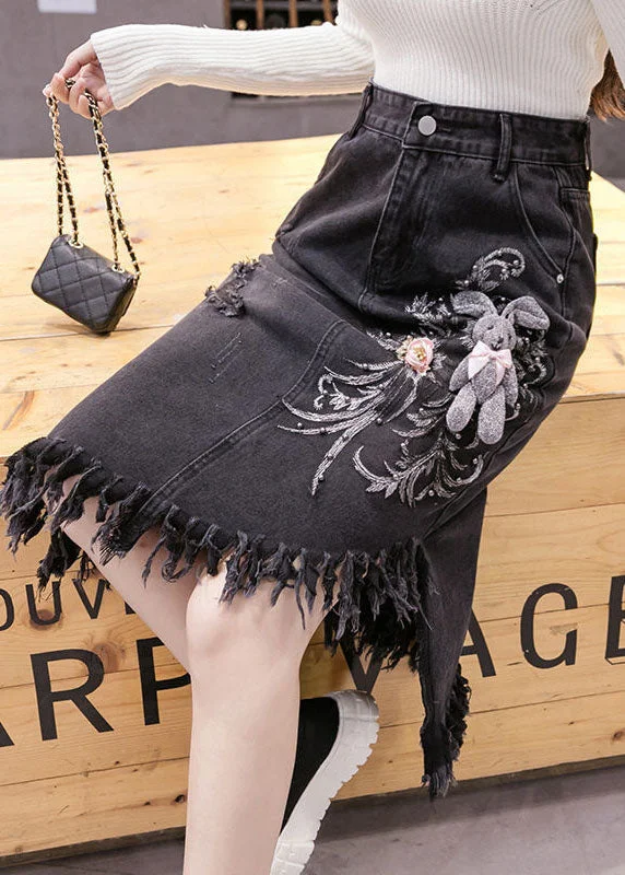 Classy Black Asymmetrical Design Embroideried Tassel Denim Skirts Spring wool skirt breathable