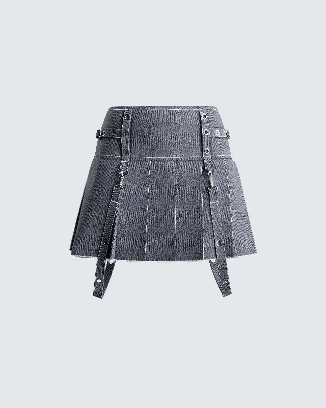 Dina Grey Denim Pleated Mini Skirt leather skirt sleek