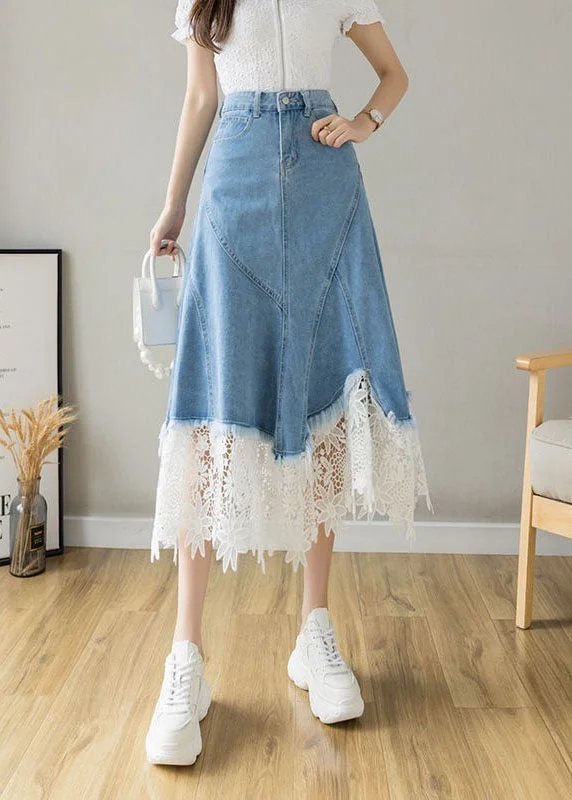 Fashion Light Blue Asymmetrical Design Lace Patchwork Denim Skirt Spring modal blend skirt