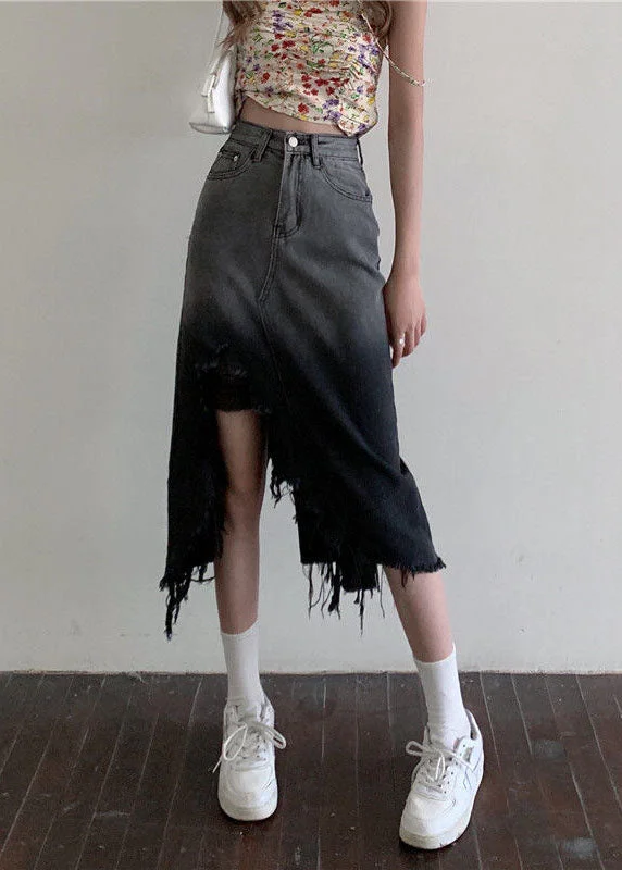 French Gradient Color Front Open Tasseled Denim Skirts Summer corduroy skirt textured