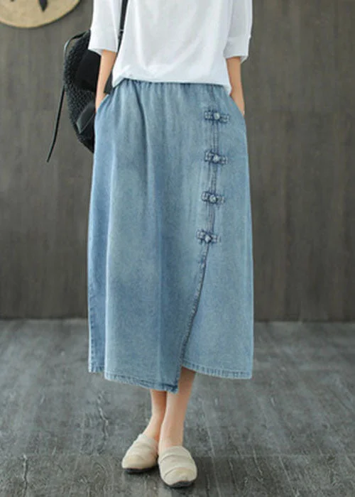 Italian Denim Blue Elastic Waist Asymmetrical Oriental Button Cotton Skirt Summer velvet skirt rich