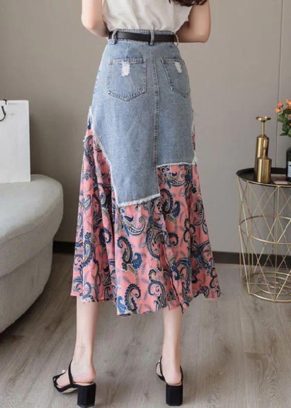 Modern Colorblock Asymmetrical Denim Patchwork Chiffon Skirts Spring denim skirt classic