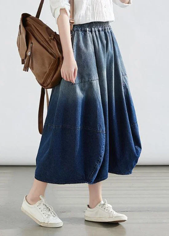 Simple Blue Wrinkled Pockets Gradient Color Denim Skirts Summer high slit skirt