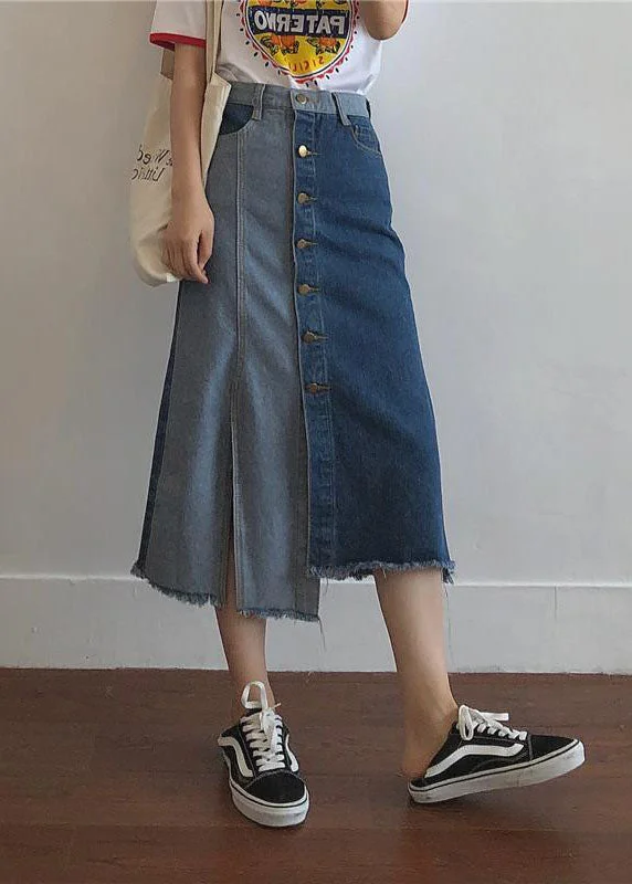 Style Colorblock Asymmetrical Patchwork Tasseled Denim Skirts Summer lace skirt romantic