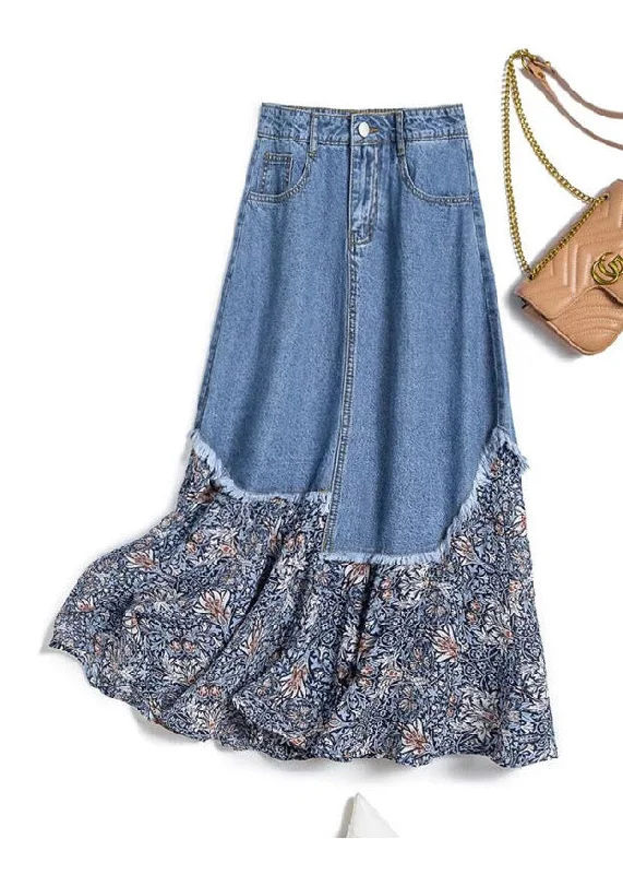 Stylish Denim Blue Asymmetrical Patchwork Print Button Pockets Maxi Skirt Summer breathable skirt fabric