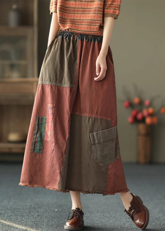 Vintage Red Patchwork Elastic Waist  Pockets Cotton Denim A Line Skirts Fall corduroy skirt comfortable